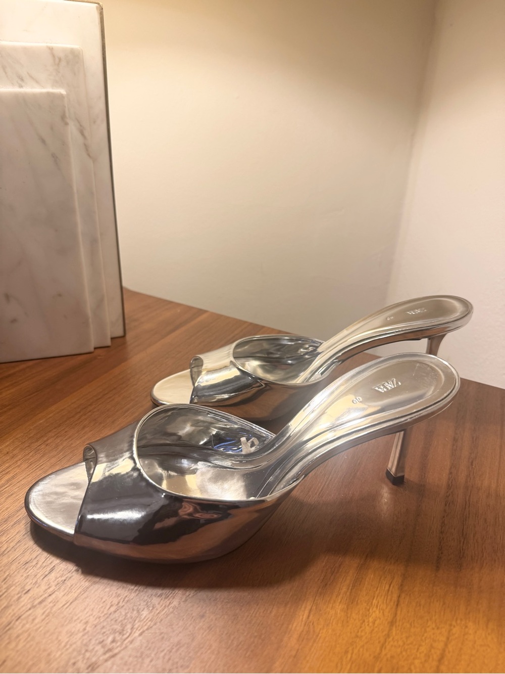 Zara- Reflective Metallic Silver Heels / Mules SZ - 40 / 9.5 - 90s Y2K